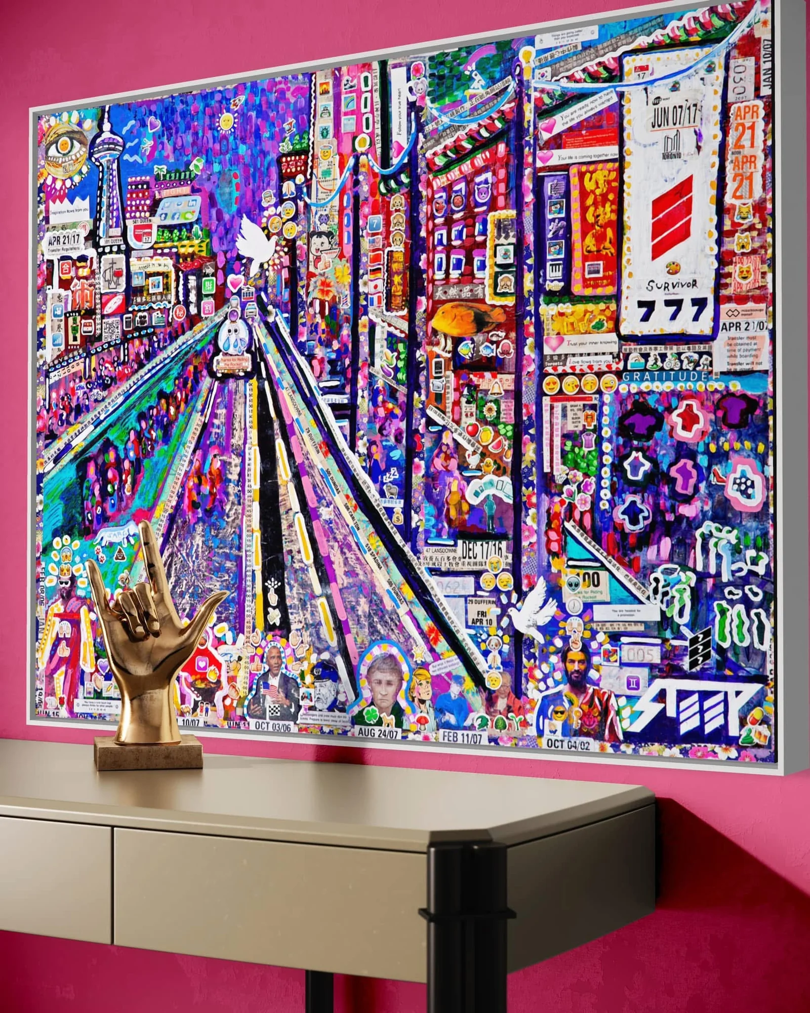 The Day of Transcendence artwork displayed against a pink wall; shown for scale and colour